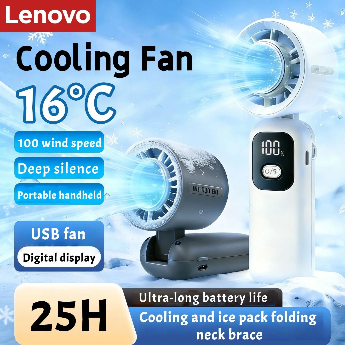 Lenovo Portable Fan Handheld Cooling Fan 100 Levels Foldable Rechargeable Strong Wind Air Cooler Digital Display Long Battery