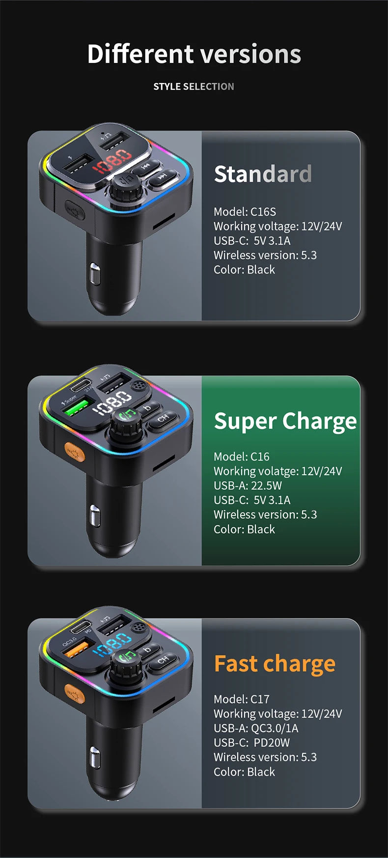 FM Transmitter Bluetooth 5.3 Handsfree Car AUX Radio Modulator MP3 Player with PD20W QC3.0 Fast Charge Adapter Car Accessories