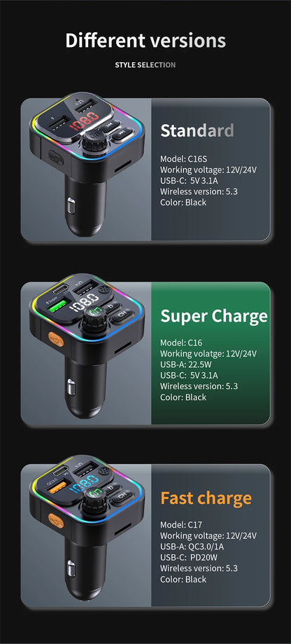FM Transmitter Bluetooth 5.3 Handsfree Car AUX Radio Modulator MP3 Player with PD20W QC3.0 Fast Charge Adapter Car Accessories