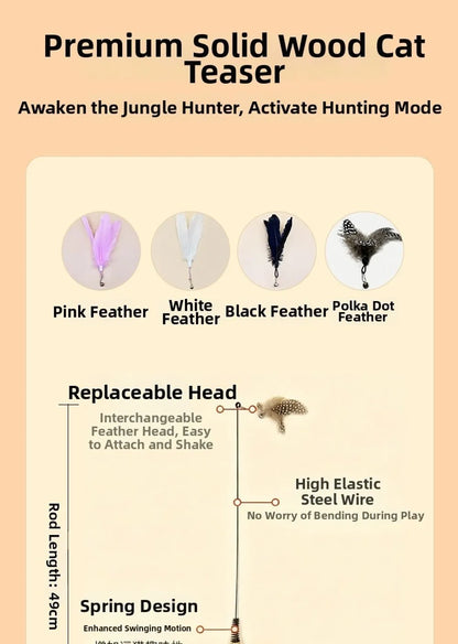 Wooden Handle Spring Teasing Cat Stick Feather Simulation Fishing Rod Cat Teaser Stick Interactive Replaceable Bell Squeaky Cat