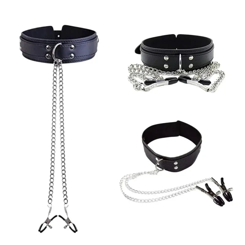 Leather Slave Choker Collar Necklace BDSM Bondage Cosplay Fetish Flirting Erotic Accessory Toy For Adult Couple Intimate Game