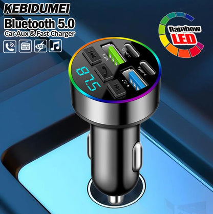 KEBIDUMEI 66W Fast Charge Bluetooth 5.0 FM Transmitter 4 Ports (Dual USB+Type-C) RGB Ambient Light Handsfree Car MP3 Player