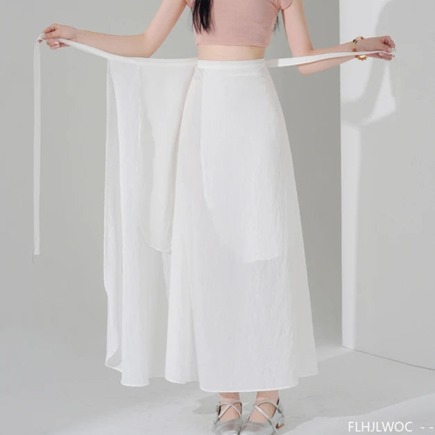 Chic Korea Clothes Summer Women Cute Sweet GIrls Solid Robe Holiday Date High Waist Retro Vintage Wrap One-Piece Lace-Up Skirts