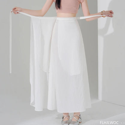 Chic Korea Clothes Summer Women Cute Sweet GIrls Solid Robe Holiday Date High Waist Retro Vintage Wrap One-Piece Lace-Up Skirts