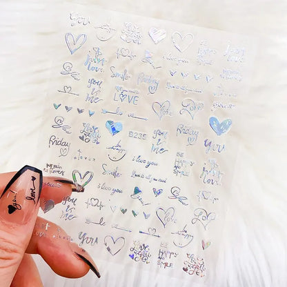 6Pcs/Pack Laser Gold Silver 3D Nail Art Stickers Love Heart Letter Image Nail Decoration Ins Style Sticker DIY Foils Accessories