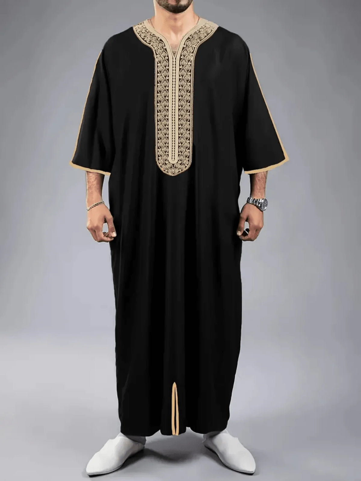 Men's Ethnic Pattern Embroidery Zipper Hooded Robe Traditional Long Sleeve Pocket Jubba Thobe for Daily Wear Man Islamic Thobe