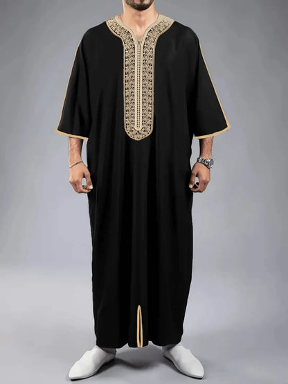 Men's Ethnic Pattern Embroidery Zipper Hooded Robe Traditional Long Sleeve Pocket Jubba Thobe for Daily Wear Man Islamic Thobe