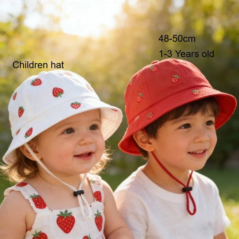 Boys Cute Sun Bucket Cap 48-50cm Spring Summer New Girl Fisherman Hat with Strawberry Embroidery Fashion Kids Toddler Outfit Cap