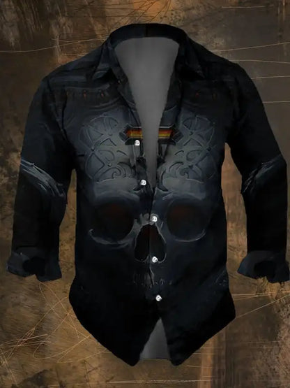 Halloween Men's Dark Skull Prints Casual Long Sleeve Shirt-Vintage Skull Floral Print,Regular Fit,Lapel Collar, Polyester Blend
