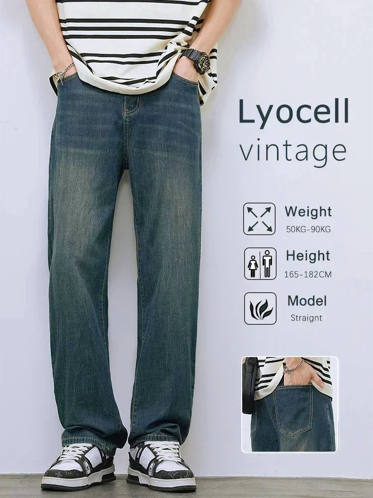 2025Spring Autumn New Men Straight Vintage Fit Jeans Casual Trousers High Quality Male Korean Fashion Baggy Wide Leg Denim Pants