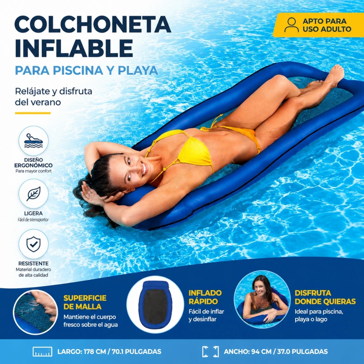 Inflatable adult floating mat 178x94cm integrated headrest breathable mesh durable PVC max load 110kg safety valve pool beach lake easy to inflate foldable summer