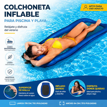Inflatable adult floating mat 178x94cm integrated headrest breathable mesh durable PVC max load 110kg safety valve pool beach lake easy to inflate foldable summer