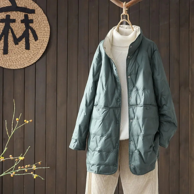 2024 New Autumn Winter Women Ultralight Long White Duck Down Jacket Female Single-Breasted Double Sided Puffer Jacket Women