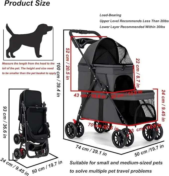 Dual‑Layer Pet Stroller Foldable Travel Dog Cat Cart Breathable Mesh Wagon with Cup Holder Storage Bag for Small Animals