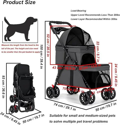Dual‑Layer Pet Stroller Foldable Travel Dog Cat Cart Breathable Mesh Wagon with Cup Holder Storage Bag for Small Animals