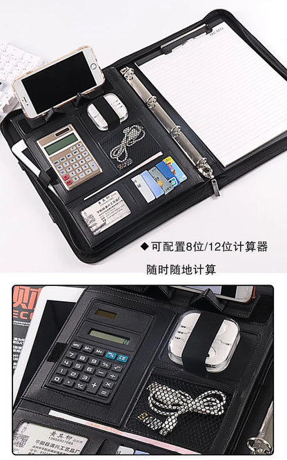 PU leather A4 zipper calculator binder conference file pad folder briefcase tablet portable circular handle file bag