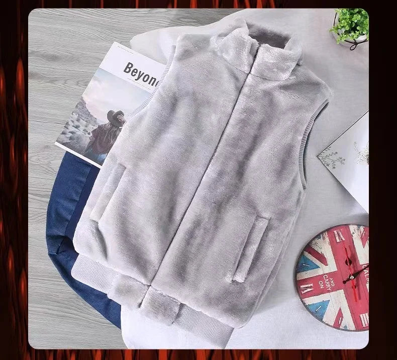 2026 Autumn Winter Men's Thicked Golden Velvet Warm Vest Fashion Solid Sleeveless Zipper Hooded Jacket Fake Fur Couple Waistcoat