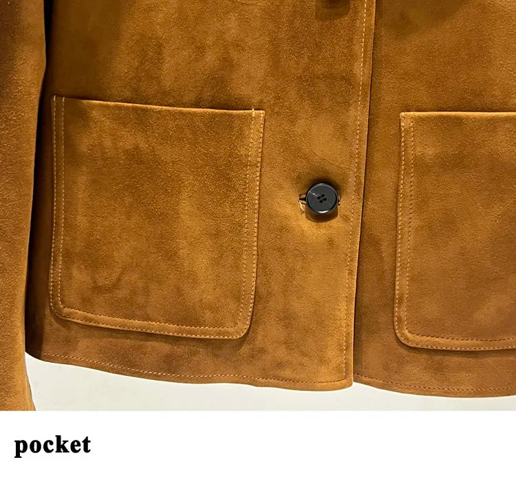 European Imported Kid Suede Leather Jacket for Woman High Grade Turn Down Collar Pocket Short Cropped Coat Long Sleeve Top Mujer