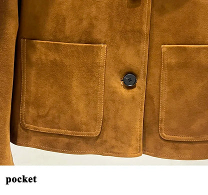 European Imported Kid Suede Leather Jacket for Woman High Grade Turn Down Collar Pocket Short Cropped Coat Long Sleeve Top Mujer