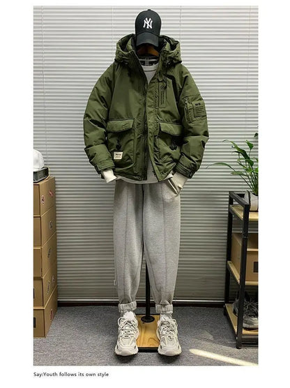 Luxury High-end Down Jackets Men Winter Warm Cargo Coat White Duck Down Coat Windproof Pockets Hooded Thick Parkas Canada