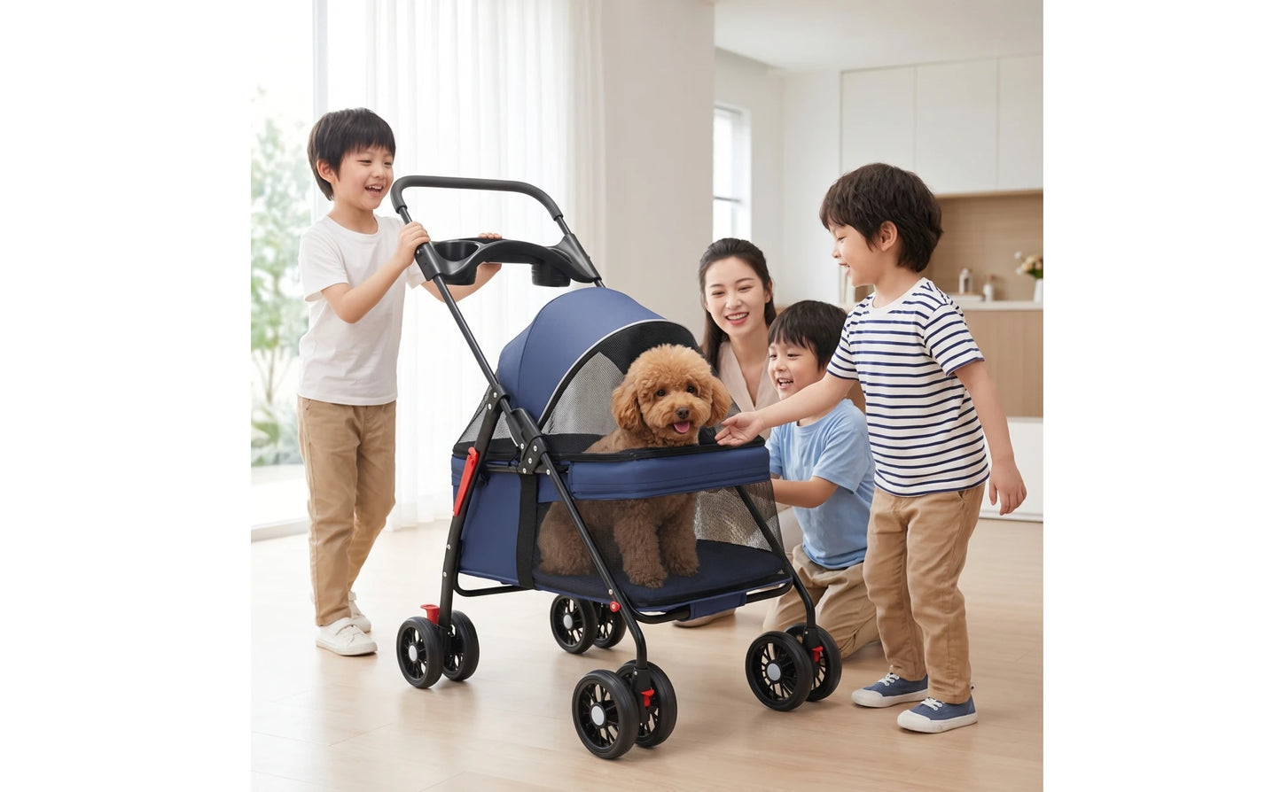 Pet Stroller with Storage Basket 4-Wheel Foldable Pet Stroller Collapsible Breathable for Small Dogs, Outdoor Walks, Travel