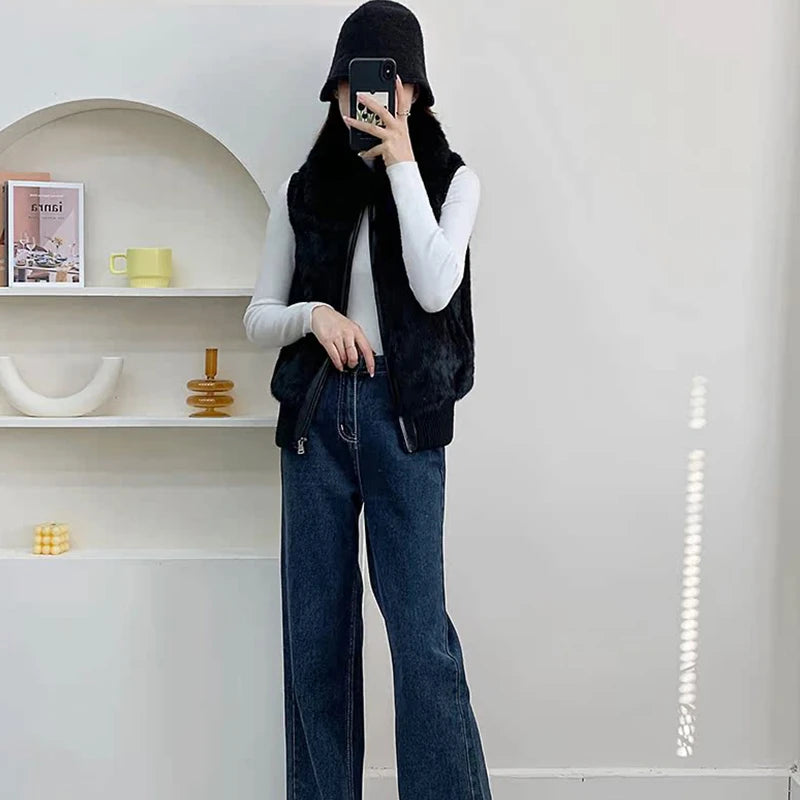 Women's Genuine Real Rabbit Fur Vest Coat Knitting Winter Fox Fur Collar Fur Jacket Casual Short Outwear Slim with Zipper