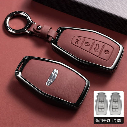 Car Zinc Alloy Leather Key Case Cover Holder Chain For Geely Okavango Coolray Atlas Monjaro Tugella Emgrand GT S Proton X50 X70
