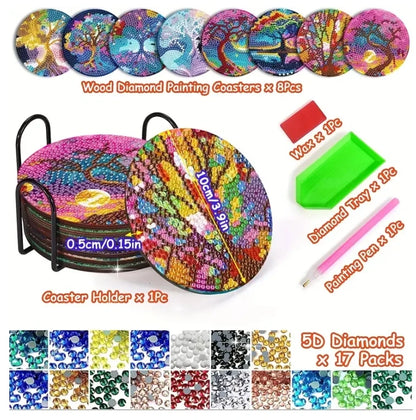 8pcs/Set DIY Diamond Painting Coasters with Holder Anti Slip Wood Drip Mats Crystal Rhinestones Diamond Art Coasters for Adults