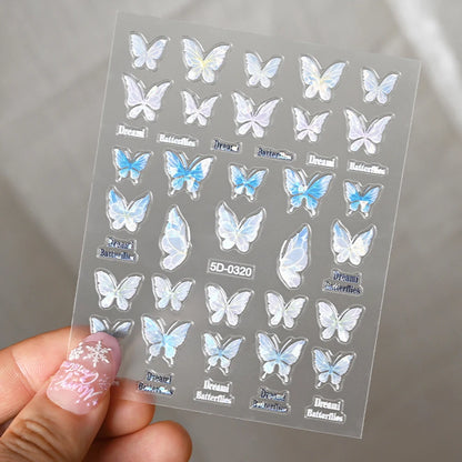 5D Hibiscus Flower Nail Embossed Sticker Acrylic Pink White Gold Petal Leaf Adhesive Decal Butterfly Dragon Floral Elegant Decor