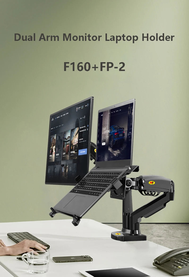 Desktop NB F160 + FP-2 Gas Spring Dual Arm for 17"-27" Monitor Holder + 10"-17" Laptop Support Air Press Mount Stand Load 2-9kg
