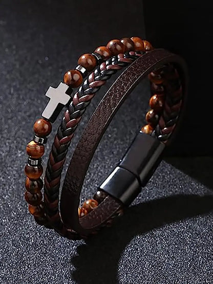 Vintage Multi-Layer Leather Bracelet Men Punk Cross Charm Tiger Eye Stone Beads Bracelet Fashion Braided Wrap Wristbands Jewelry