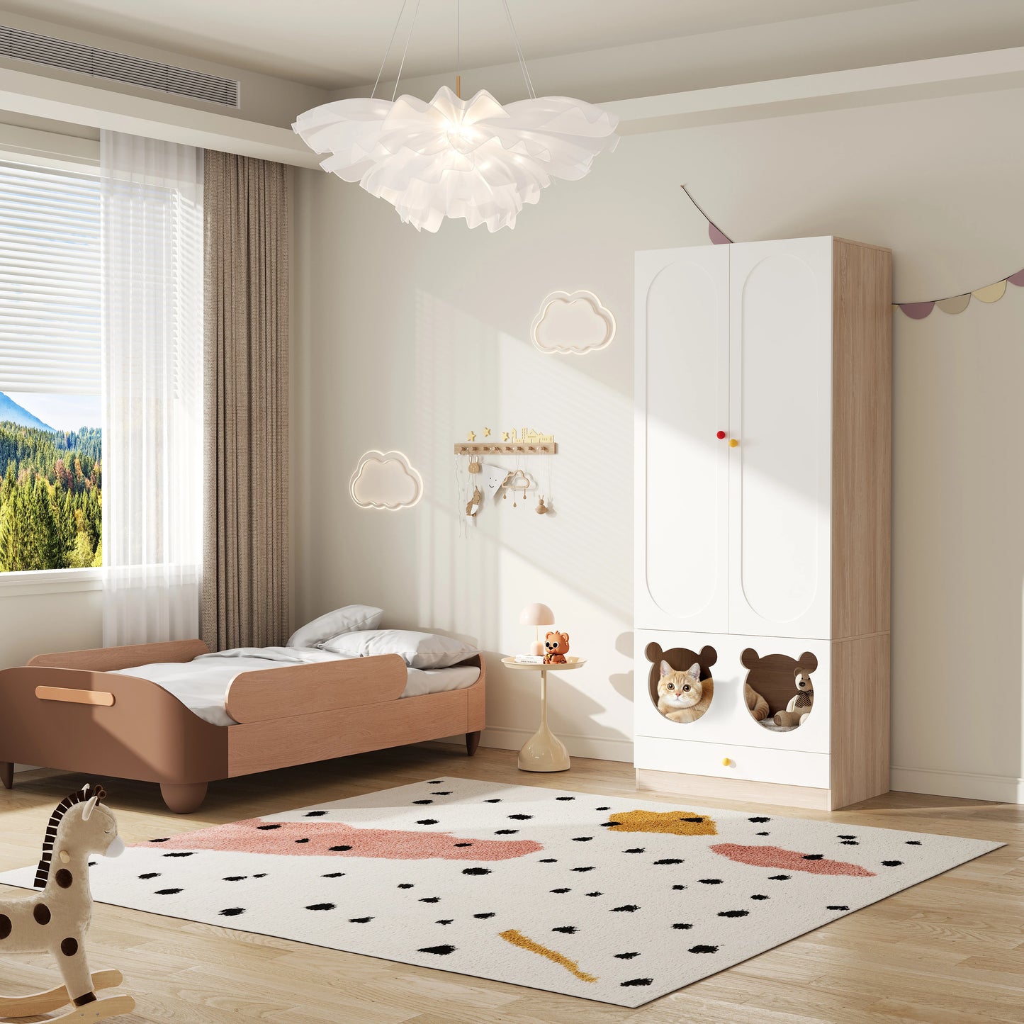 80x50x200cm Kids Wardrobe with Hanging Rod Integrated Cat Bed Design Lacquered Board and Particle Board with Colorful Ceramic Handles White and Natural Wood Color Multifunctional Storage Cabinet Suitable for Bedroom Home Furn