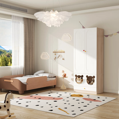 80x50x200cm Kids Wardrobe with Hanging Rod Integrated Cat Bed Design Lacquered Board and Particle Board with Colorful Ceramic Handles White and Natural Wood Color Multifunctional Storage Cabinet Suitable for Bedroom Home Furn