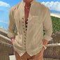 2025 Men's New Cotton and Linen Pocket Retro Stand-Up Collar Long-Sleeved Shirt Casual Multi-Button Solid Color Striped Cardigan