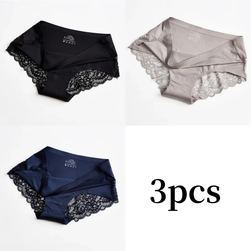 3pcs Lace Women's Panties French Seamless Underwear Female Ice Silk Briefs Solid Color Breathable Underpants Lingerie