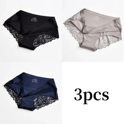 3pcs Lace Women's Panties French Seamless Underwear Female Ice Silk Briefs Solid Color Breathable Underpants Lingerie