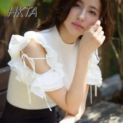 Japanese Off Shoulder Ruffle Edge Slim Short Sleeve Tshirt Women Sweet Elegant Knitted T Shirt Girl Commuting Short White Top
