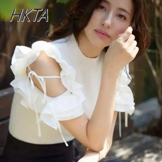 Japanese Off Shoulder Ruffle Edge Slim Short Sleeve Tshirt Women Sweet Elegant Knitted T Shirt Girl Commuting Short White Top