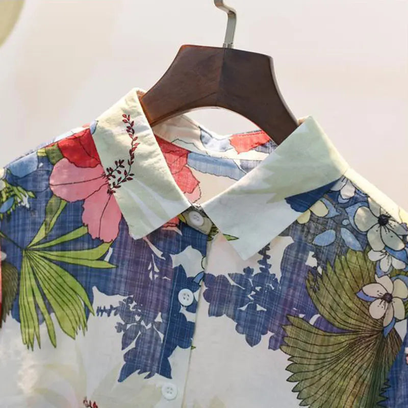 Blue Floral Print Vintage Polo-Neck Single Breasted Long Sleeve Women's Blouse Shirt Casual Female Clothing Tops Fashion 2024