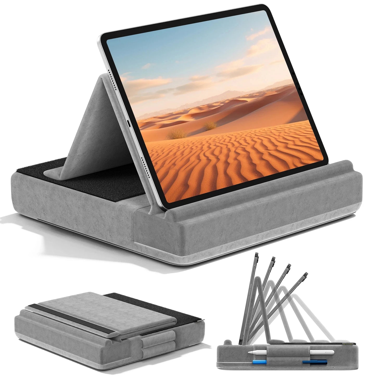 Upgraded Tablet Pillow Stand Multi-Angle Viewing Ipad Holder for Lap Bed and Desk Foldable Soft Pad Dock with Stylus Mount