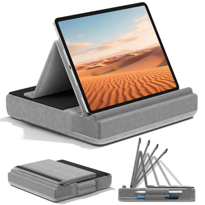 Upgraded Tablet Pillow Stand Multi-Angle Viewing Ipad Holder for Lap Bed and Desk Foldable Soft Pad Dock with Stylus Mount
