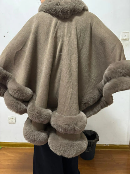 2024 Women 2 Circle Wraps Long Faux Rabbit Fur Cape Poncho Winter Loose Thick Warm Shawl Outerwear Knitted Cloak Overcoat