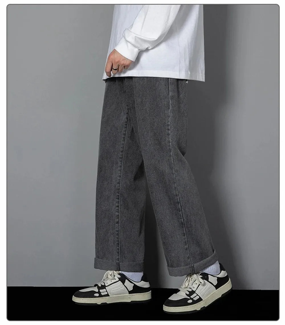 Korean Solid Colors Men's Casual Long Jeans Classic Man Four Seasons Straight Denim Wide-leg Pants Light Blue Grey Black 3XL