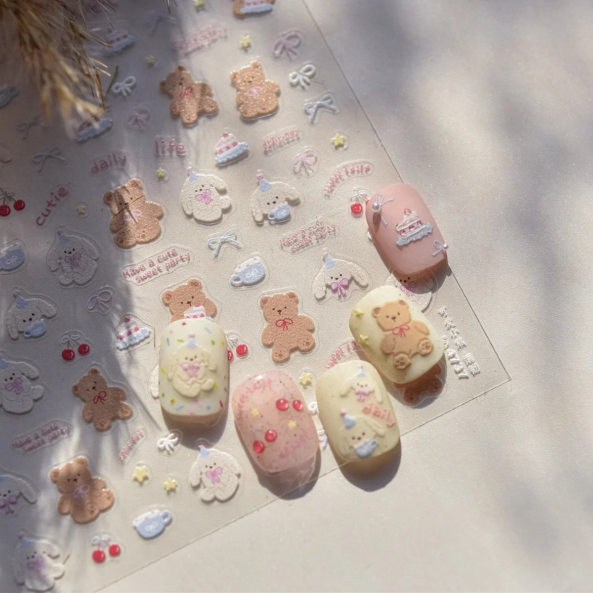 5D Pudding Jelly Dessert Fruit Cherry Pink Claw Print Bowknot Tie knot Love Heart Stars Nail Art Sticker Adhesive Manicure Decal