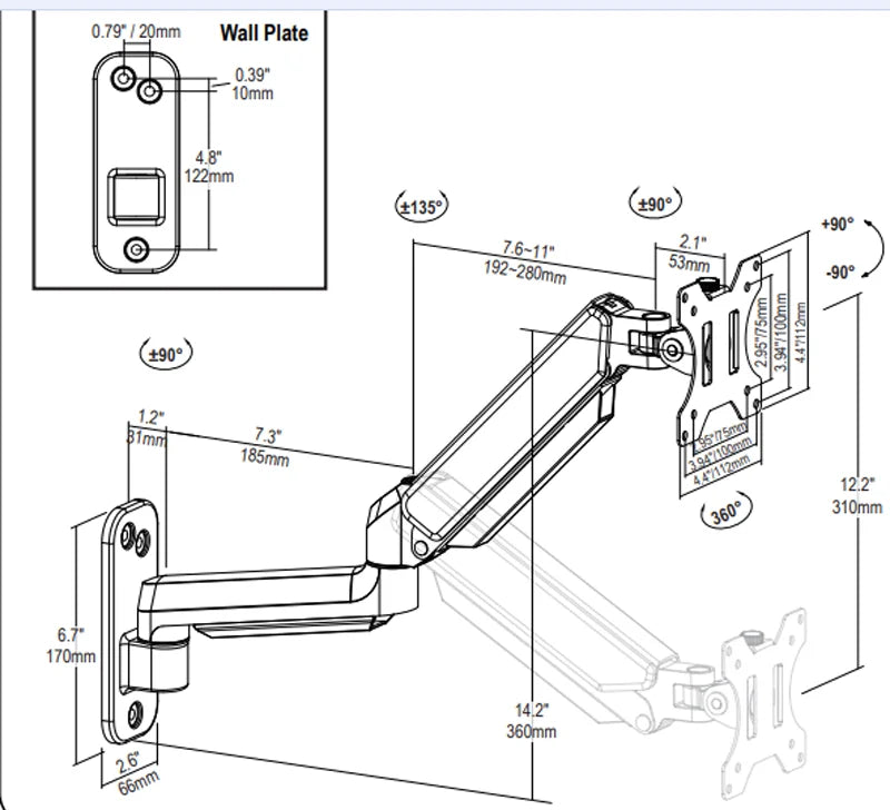 D-MOUNT DW150 Gas Spring 13"-32" TV Wall Mount 2-9KG LCD Monitor Holder  Lifting Swivel Stretch Stands Long Arm 75x75 100x100