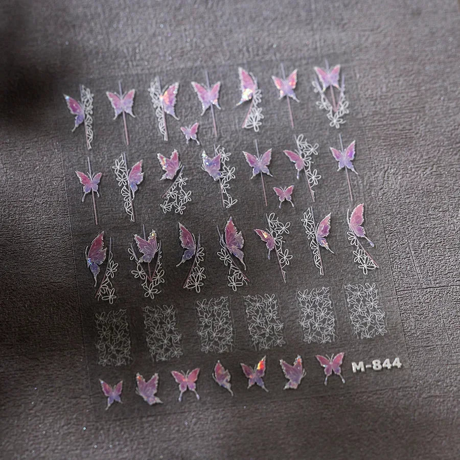 Shiny Jelly Butterfly Charming Golden Gradient Bowknot 5D Self Adhesive Nail Art Sticker Flower Petal Rhinestone Manicure Decals
