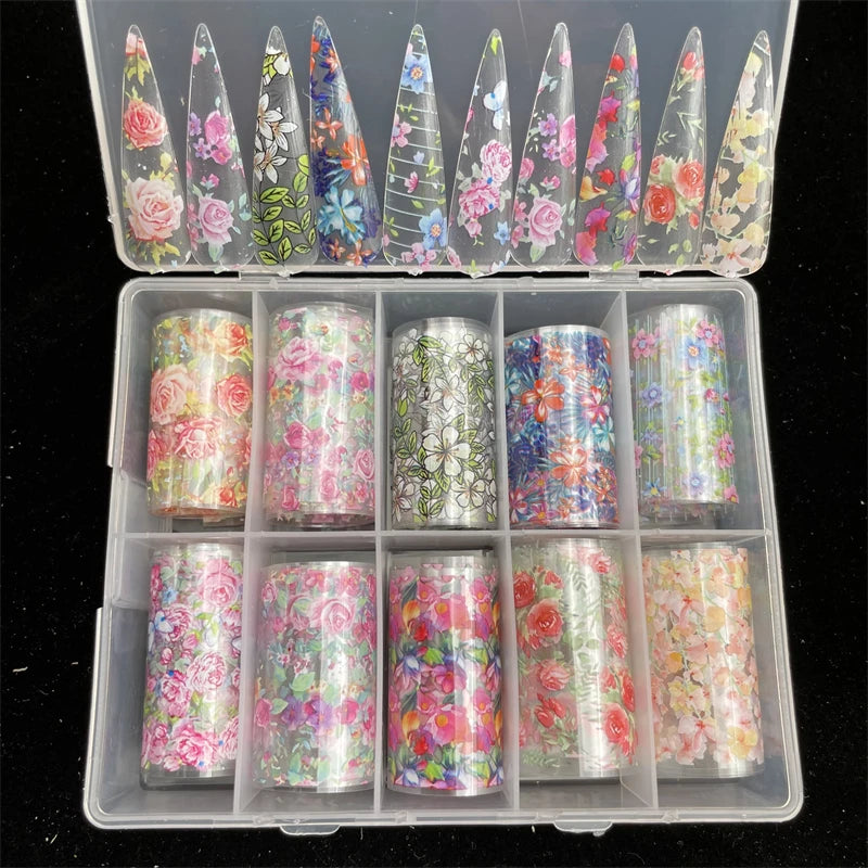 New Flower Nail Foils for Transfer Paper Stickers Floral Adhesive Fruit Nails Wraps Fish DIY Water Marble Nail Art Decorations