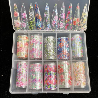New Flower Nail Foils for Transfer Paper Stickers Floral Adhesive Fruit Nails Wraps Fish DIY Water Marble Nail Art Decorations