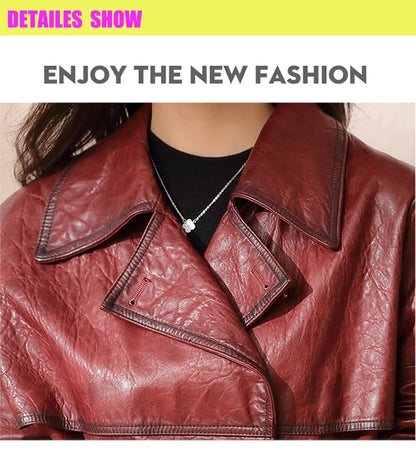 Roupas Femininas Autumn Women Suit Collar Lace-up Waist Oil Wax Sheepskin Gabardina Mujer Vintage Red Short Leather Trench Coat