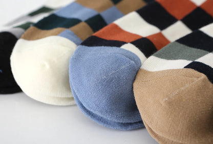 5 Pairs/Lot Combed Cotton Men's Socks Compression Fashion Colorful Square Happy Dress Men Casual Business Grid Gentleman British